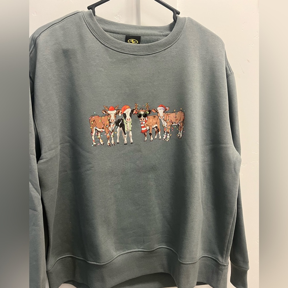 Sage Green Sweatshirt with Festive Cow Print